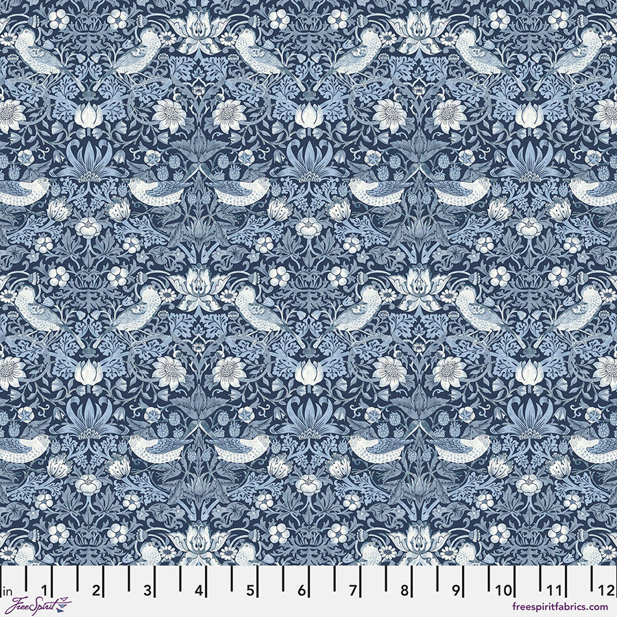 Blue floral fabric with birds, cotton material, ideal for quilting and crafting projects.