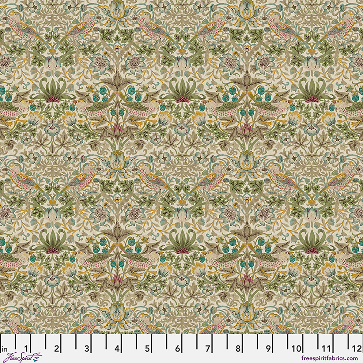 Elegant floral and bird patterned fabric in muted greens and browns, perfect for upholstery or crafting projects.
