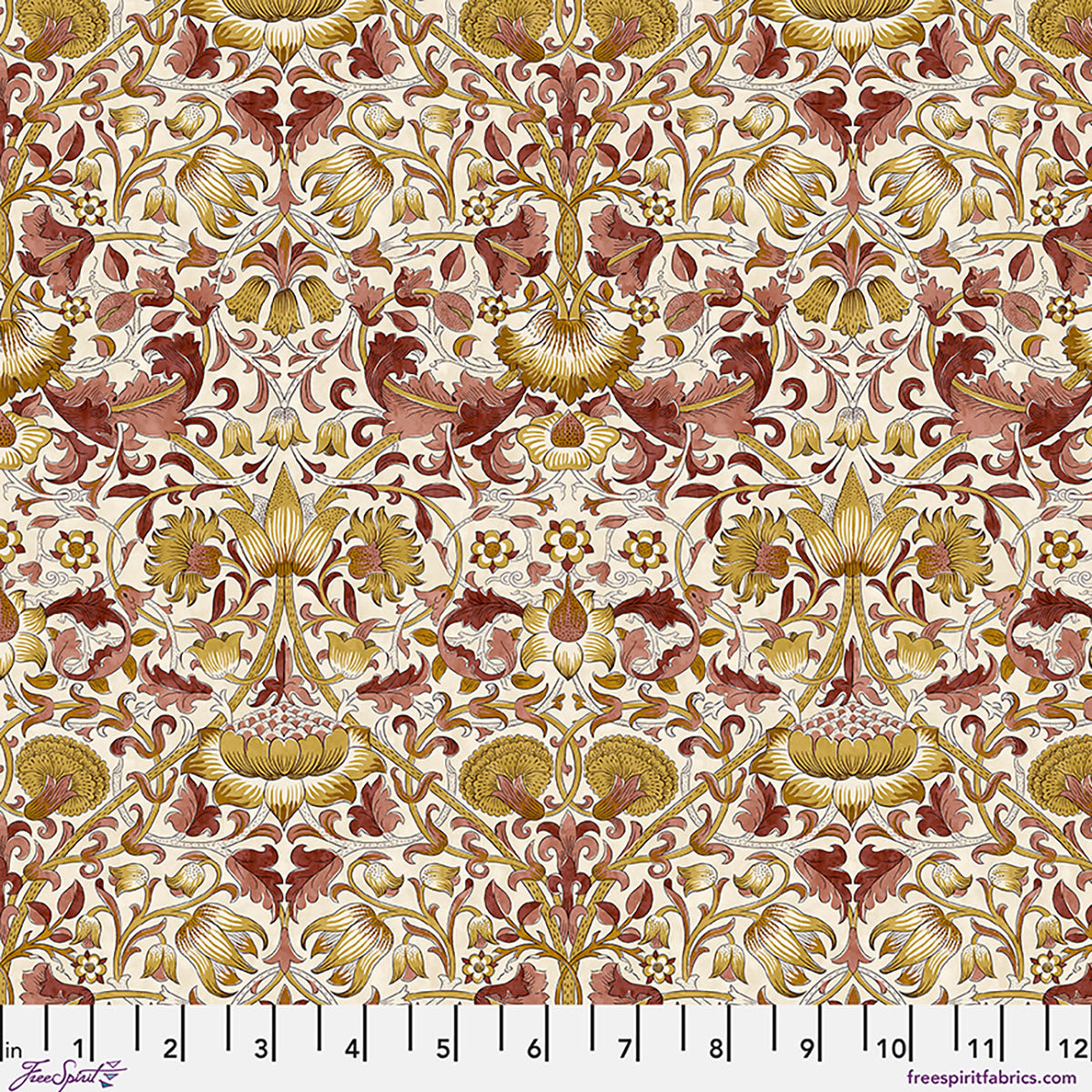 Intricate floral pattern fabric in warm red, gold, and cream, perfect for quilting or home decor projects.