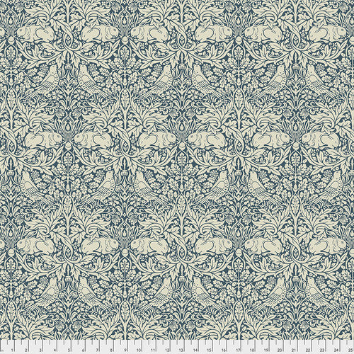 Navy floral fabric featuring rabbits and birds, intricate design in cotton material, perfect for crafts.
