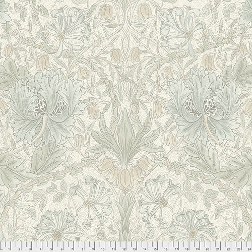 Floral patterned fabric in soft green and beige, ideal for upholstery or home decor.