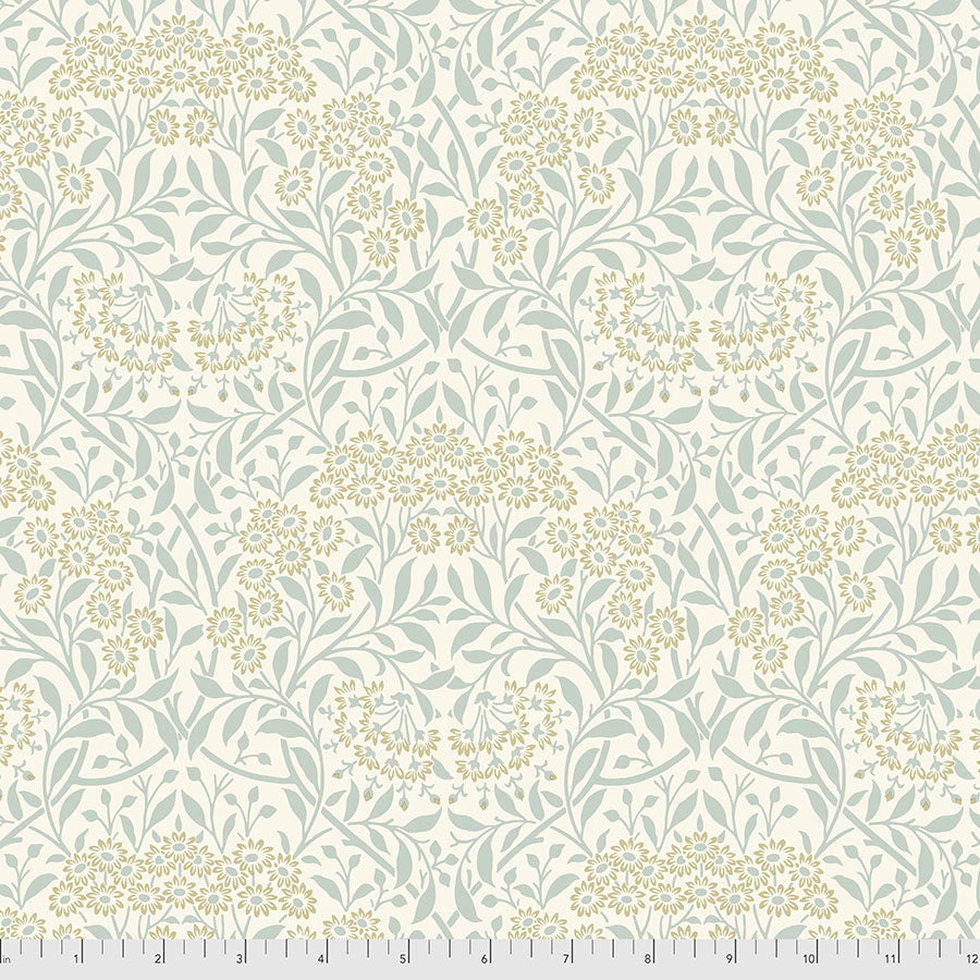 Floral fabric with blue and yellow design on cream background, perfect for upholstery or crafting projects.