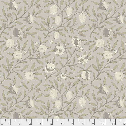 Floral fabric in soft beige with delicate fruit and flower patterns, perfect for quilting and home decor.