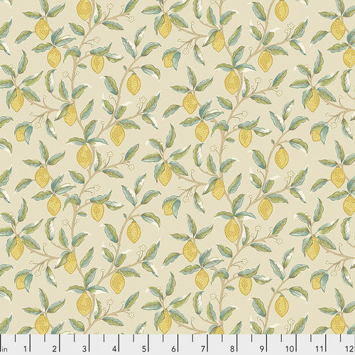 Lemon-patterned fabric in soft yellow and green, ideal for crafting or home decor projects.