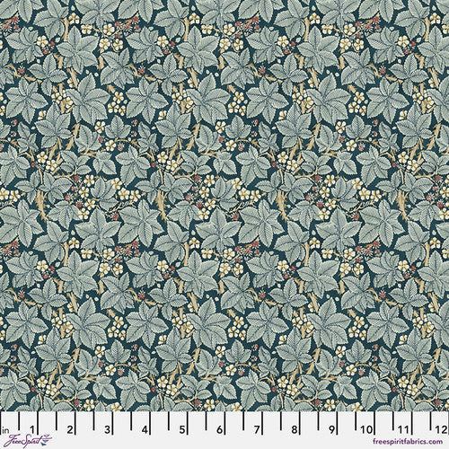 Floral pattern fabric in teal with green leaves and yellow accents, perfect for crafting and sewing projects.