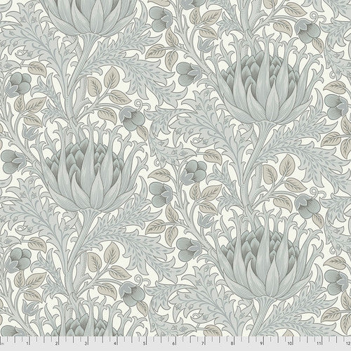 Elegant floral fabric pattern in soft gray and cream, featuring large blooms and leafy designs.
