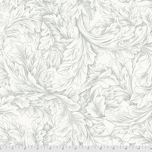 Elegant cream fabric featuring intricate gray leafy floral patterns, ideal for upholstery or crafting projects.