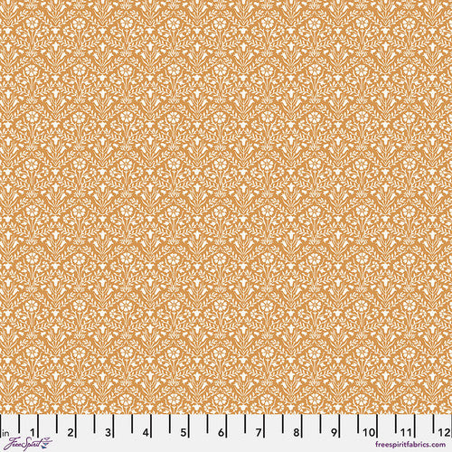 Floral print fabric in golden yellow, 100% cotton, perfect for sewing and quilting projects.
