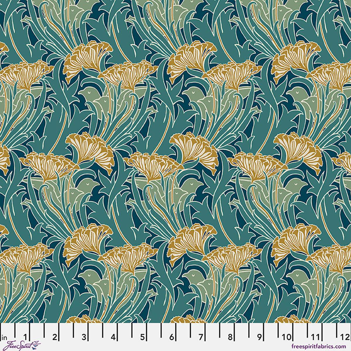 Floral fabric design featuring yellow flowers on a teal background, ideal for sewing and crafts.