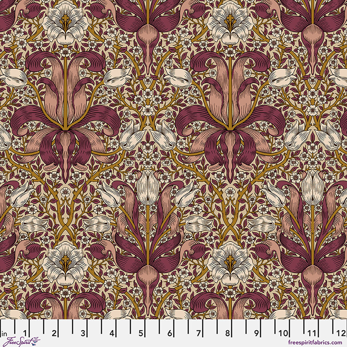 Intricate floral fabric pattern in burgundy, cream, and yellow tones, perfect for home décor and sewing projects.