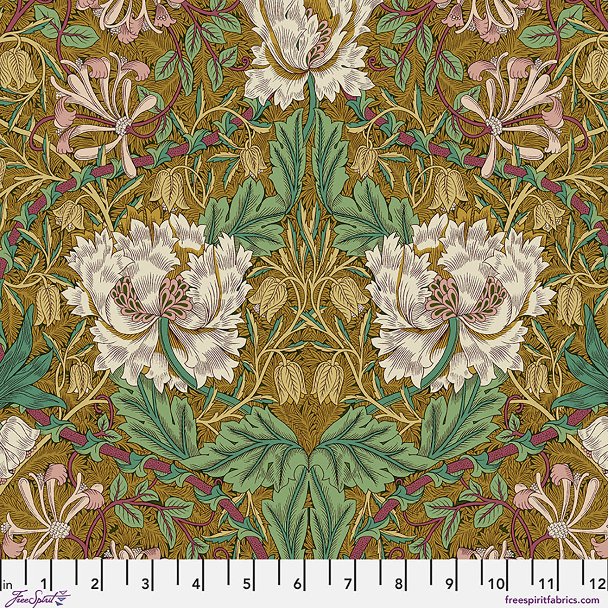 Intricate floral fabric pattern in cream, green, and gold, perfect for upholstery and crafts.