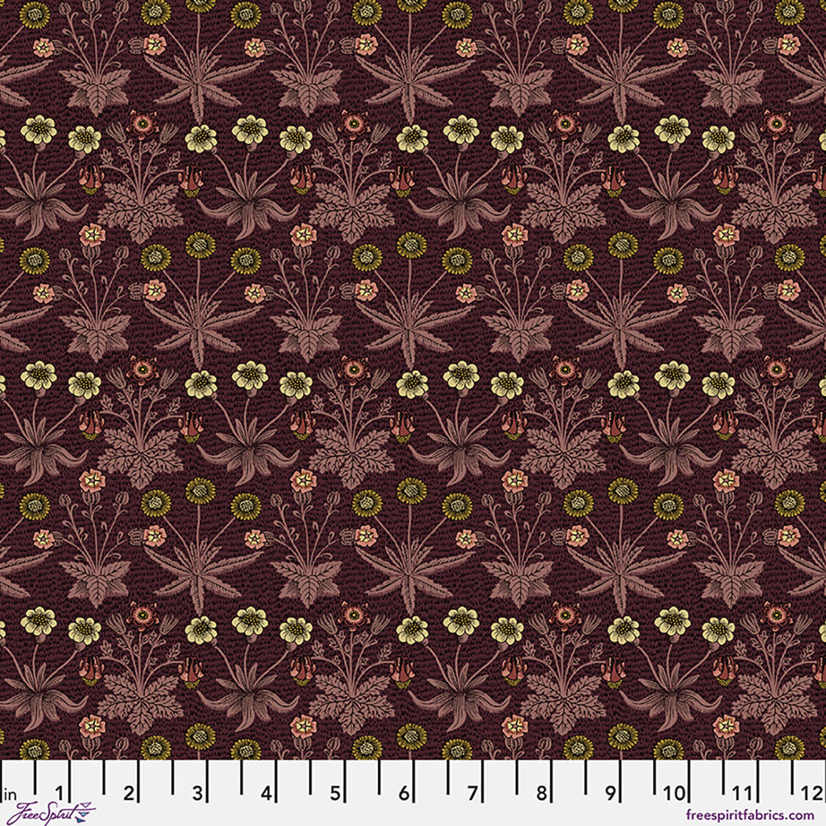 Burgundy floral fabric, featuring vibrant flowers and leaves, perfect for sewing and crafting projects.