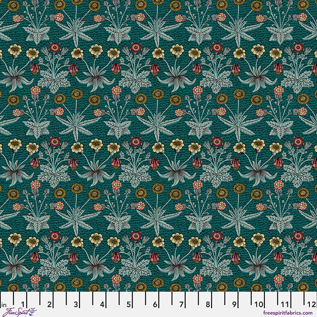 Teal floral fabric featuring intricate flowers and leaves, perfect for sewing and crafting projects.