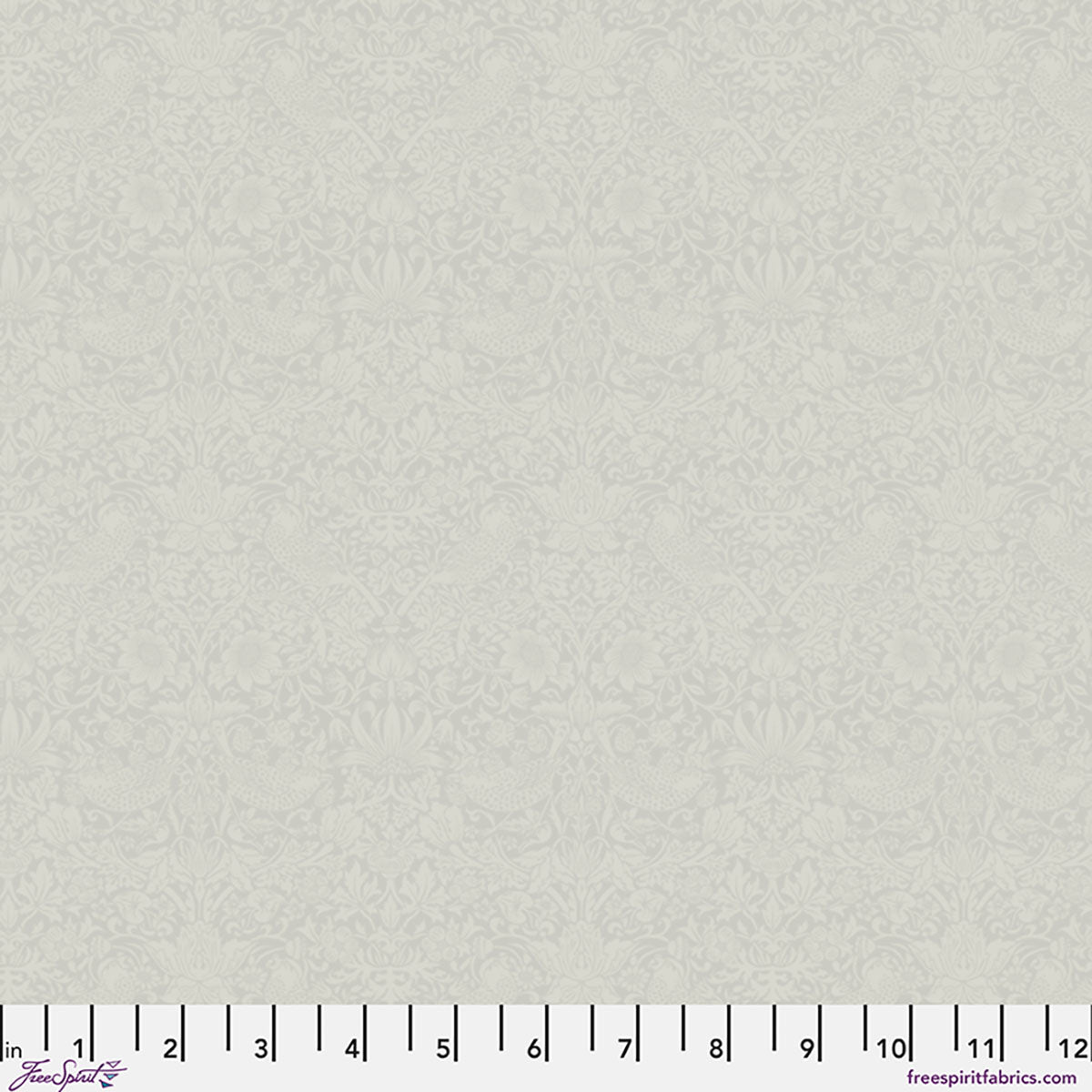 Light gray floral pattern fabric, featuring intricate designs of birds and flowers, perfect for crafting.