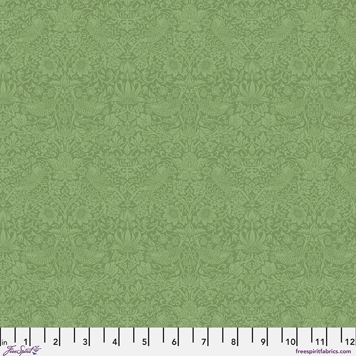Green floral damask fabric, intricate pattern, ideal for sewing projects and home decor.