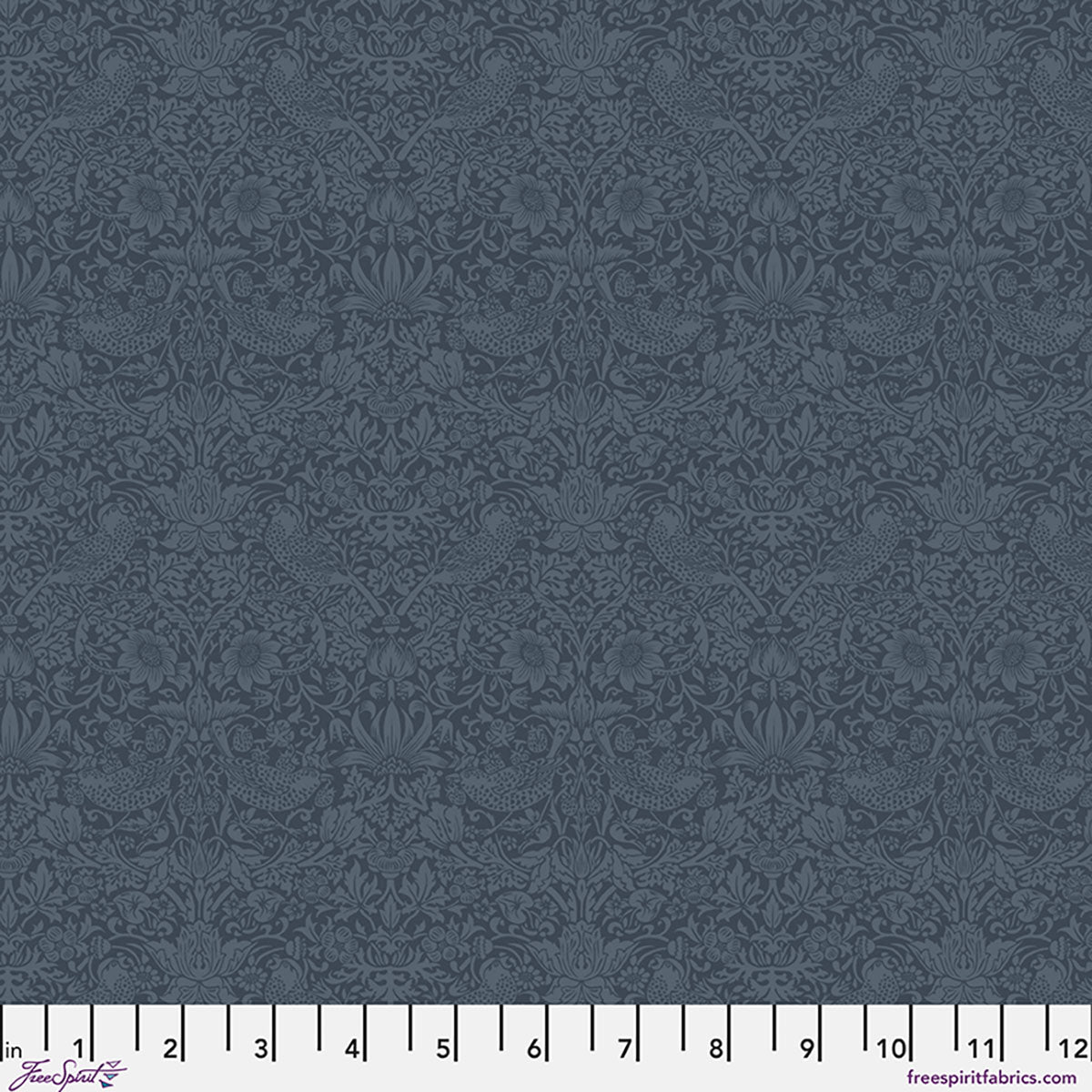 Dark blue floral fabric with intricate pattern of birds and flowers, perfect for crafting and sewing projects.