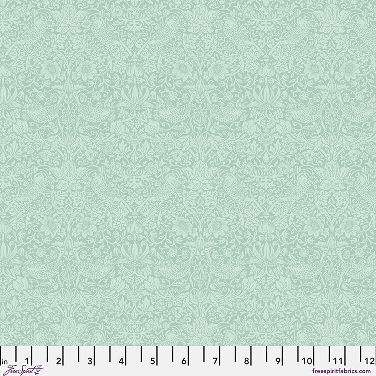 Light green floral pattern fabric, vintage design with intricate details, ideal for quilting and sewing projects.