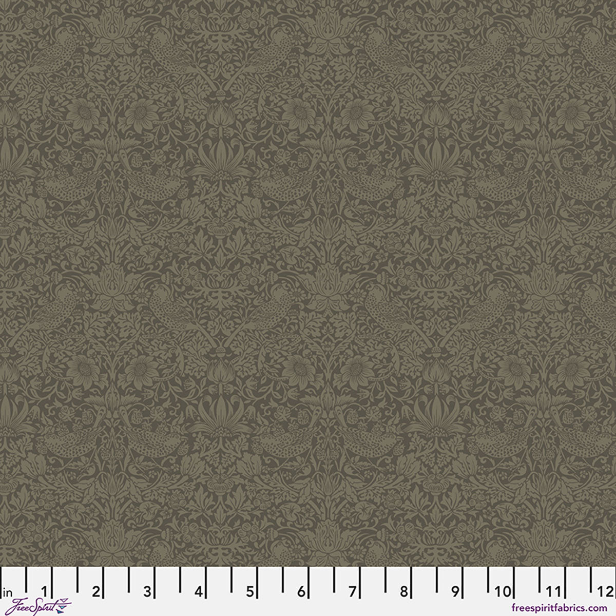 Intricate floral and bird patterned fabric in muted olive green, perfect for quilting and home decor.