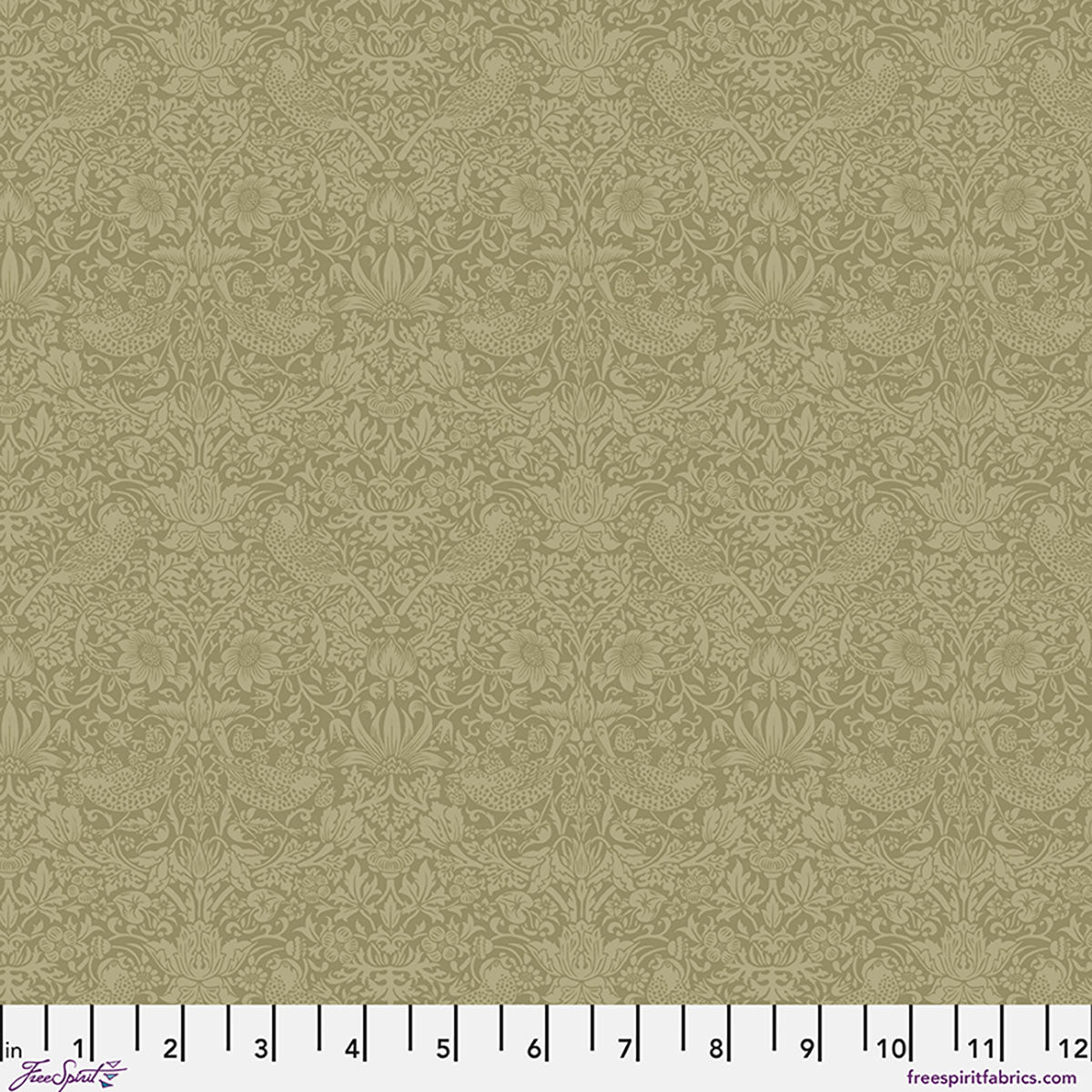 Elegant floral fabric in muted green, perfect for quilting or crafts, featuring intricate pattern details.