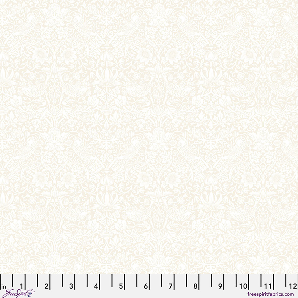 Elegant cream floral fabric, featuring intricate patterns of flowers and birds, perfect for sewing projects.