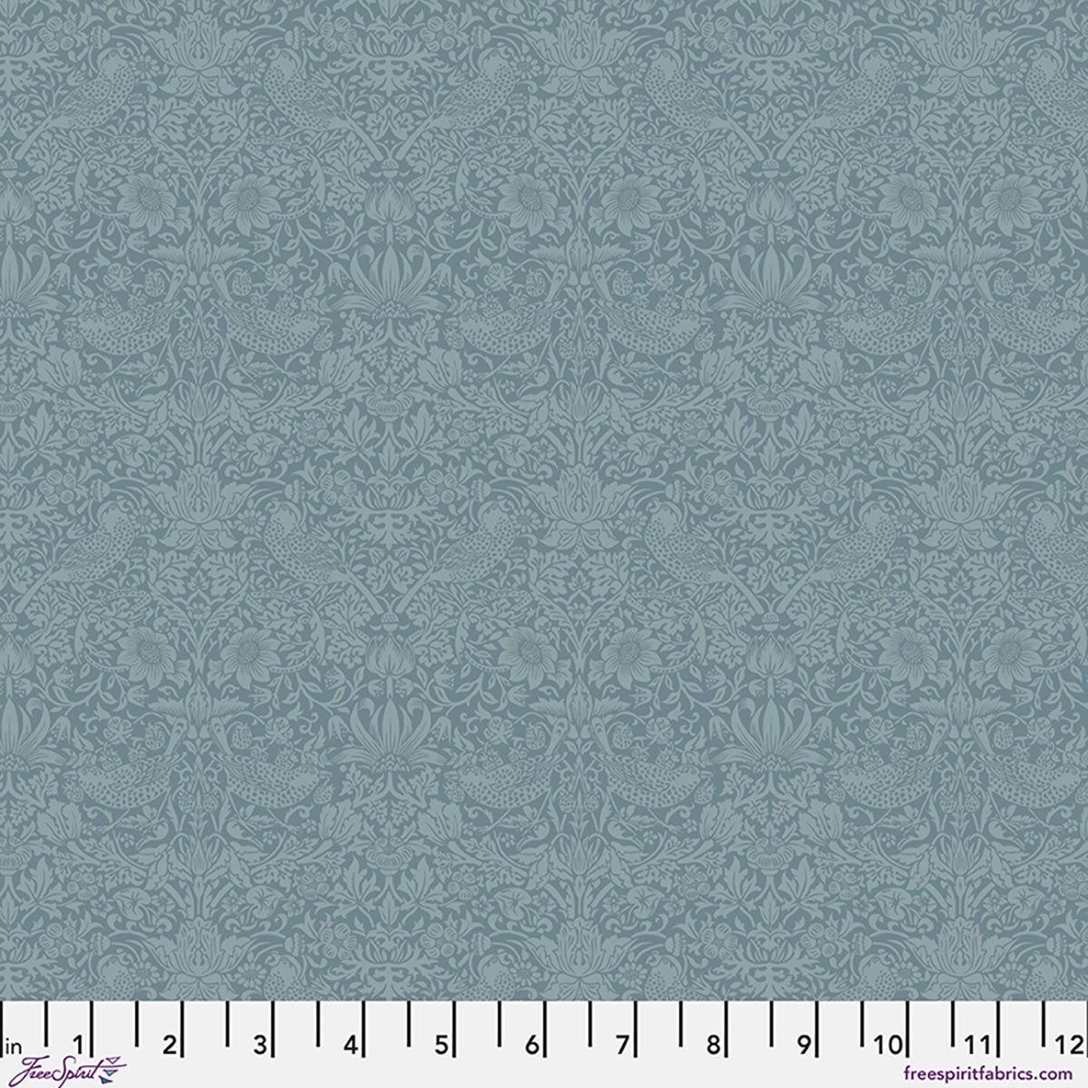 Intricate floral pattern fabric in soft blue, perfect for quilting and crafting projects.