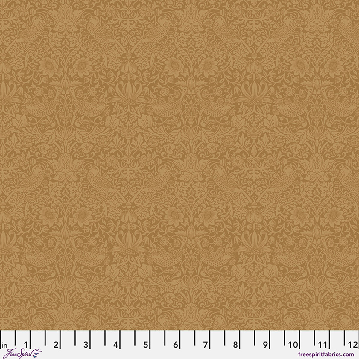 Floral pattern fabric in warm brown, featuring intricate designs of flowers and birds, perfect for crafting.