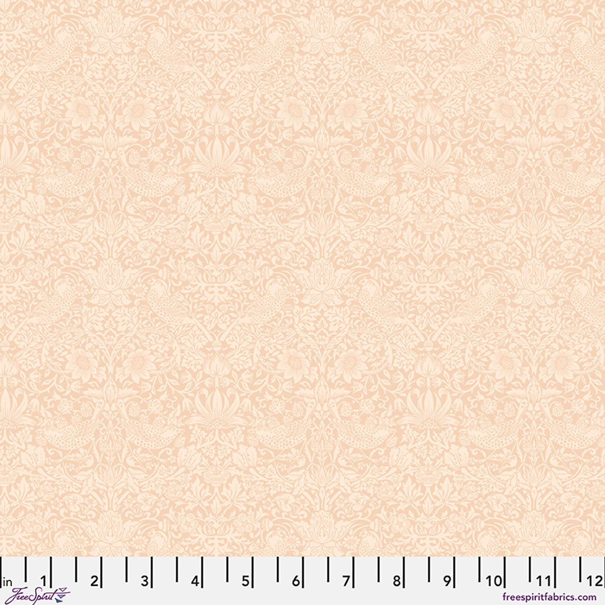 Peach floral fabric with intricate patterns of birds and flowers, ideal for quilting and sewing projects.