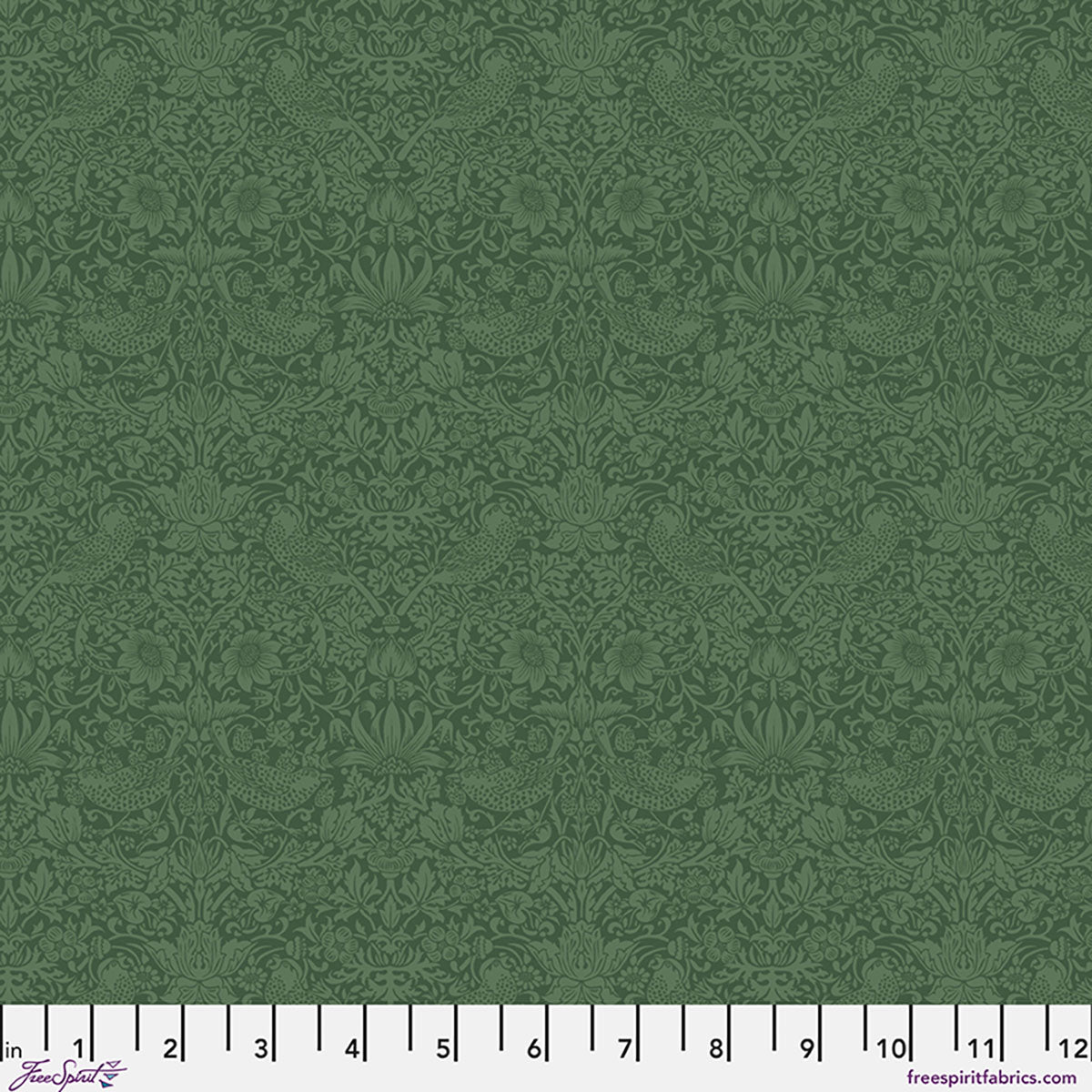 Green floral patterned fabric featuring birds, ideal for quilting and craft projects.