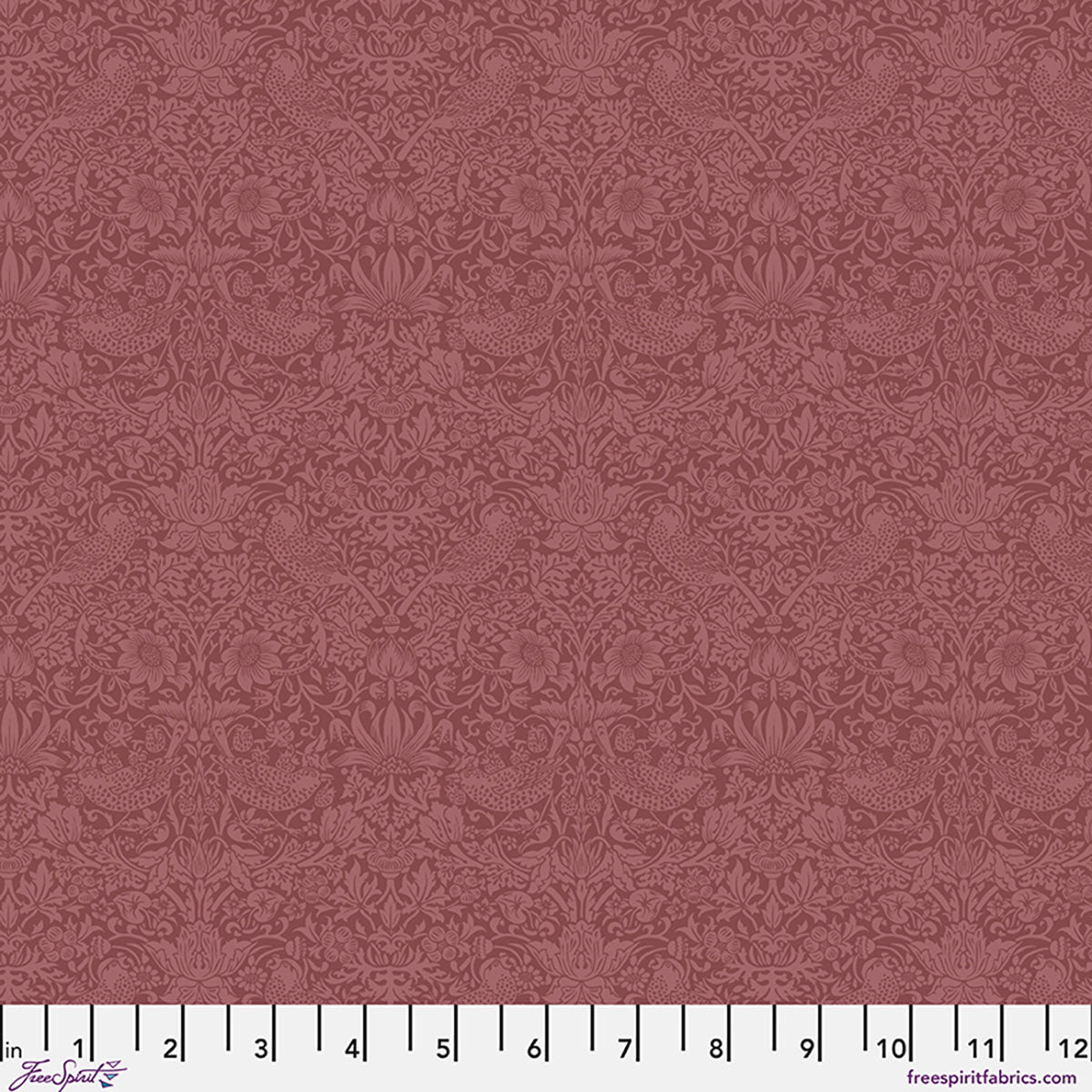 Intricate floral and bird pattern fabric in burgundy, perfect for sewing and quilting projects.