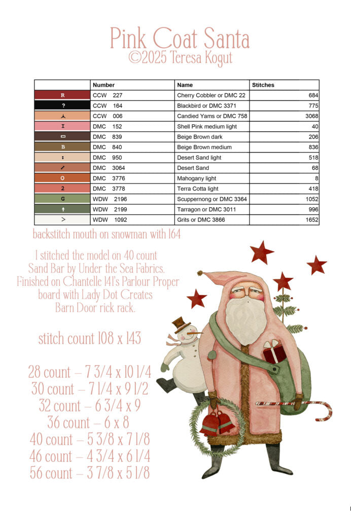 Pink Coat Santa cross stitch pattern on fabric, features Santa with gifts and snowman, stitch count 108x143.