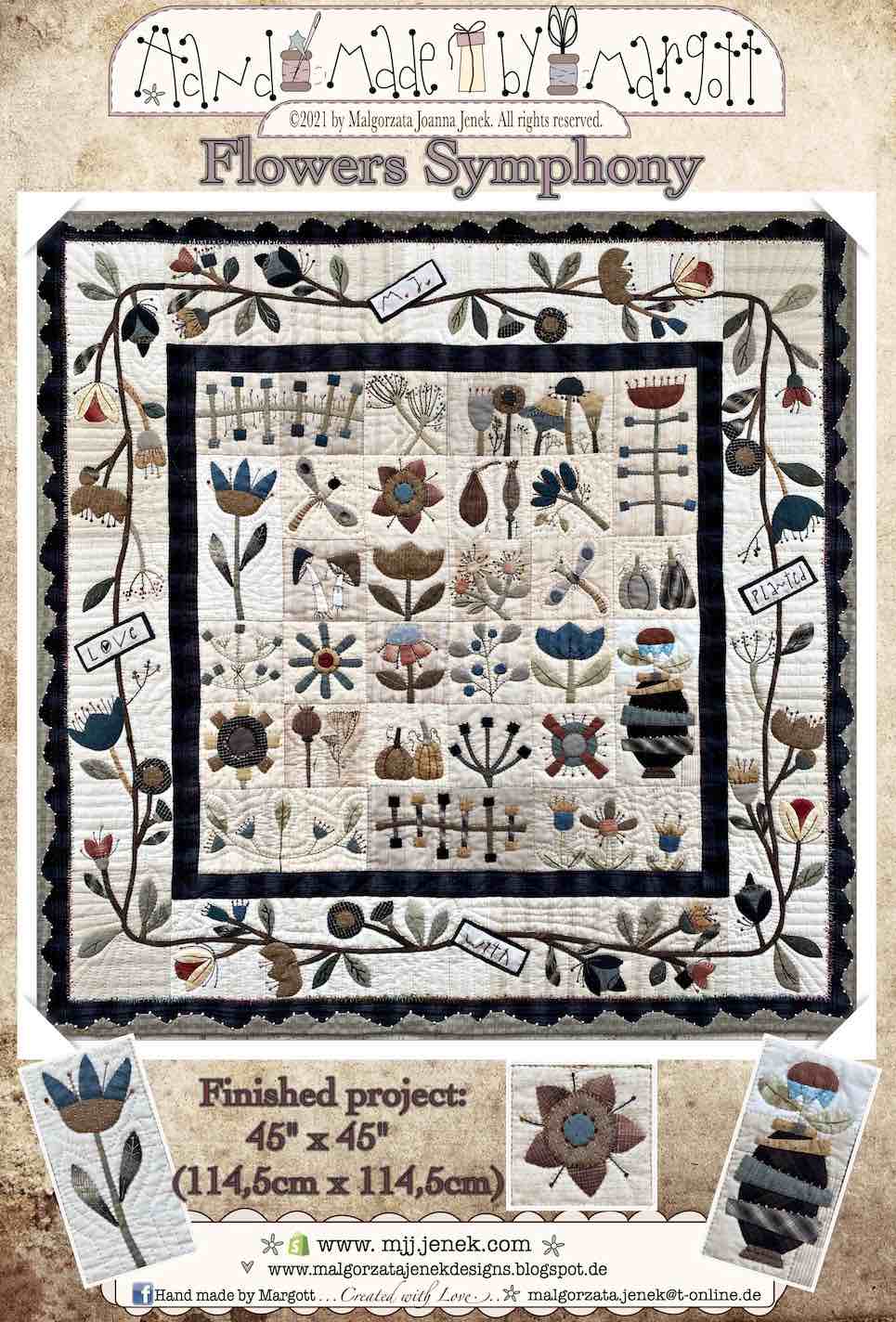 Flower Symphony quilt, handmade 45" x 45", features floral designs in navy, cream, and earthy tones.