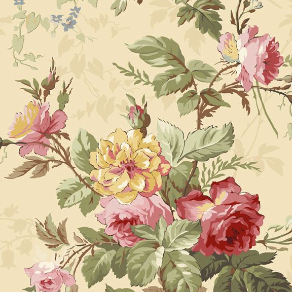 Floral wallpaper design featuring pink and yellow roses on a soft beige background.