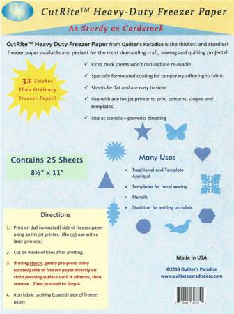 CutRite Heavy-Duty Freezer Paper, 25 sheets, 8.5'' x 11'', sturdy for quilting and crafting, white color.