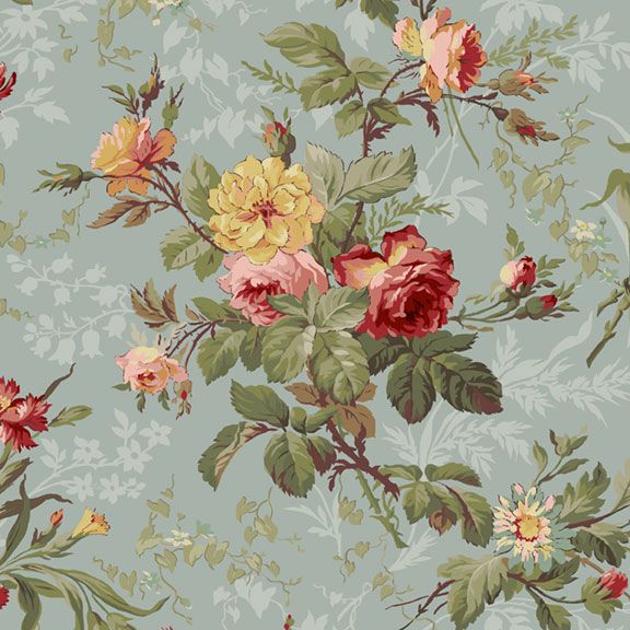 Vintage floral fabric in soft blue with red and yellow roses and green leaves, perfect for upholstery.