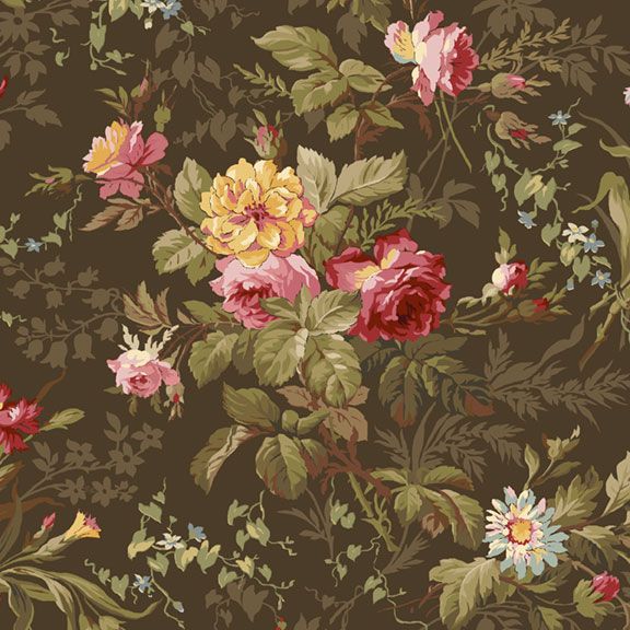 Elegant floral fabric design with roses and leaves on a brown background, perfect for upholstery or curtains.