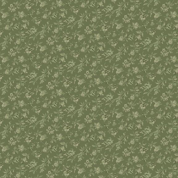 Green floral fabric featuring delicate patterns, ideal for sewing and crafting projects.