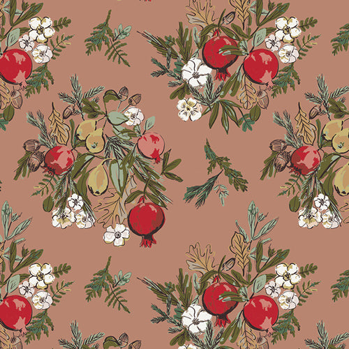 Floral pattern featuring red pomegranates, green leaves, and white flowers on a brown background.