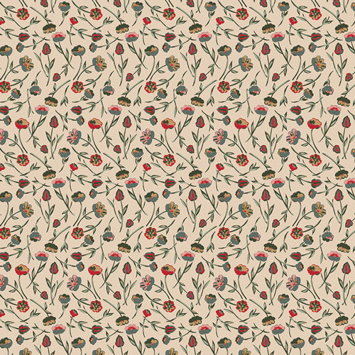 Floral fabric pattern with colorful flowers on a beige background, perfect for crafting and apparel.