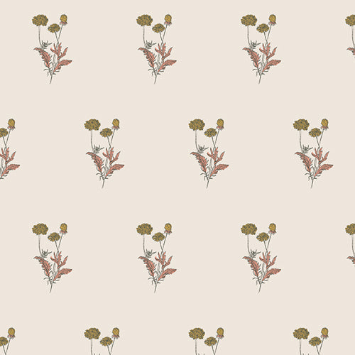 Floral patterned fabric with yellow and red flowers on a beige background, perfect for home decor.