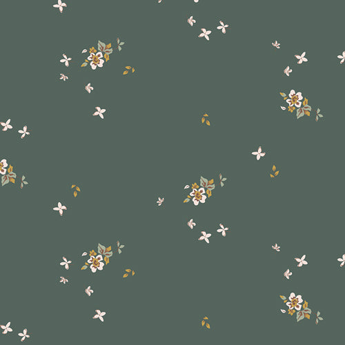 Floral patterned fabric in green with white and yellow flowers, perfect for crafting and clothing.