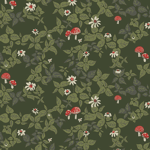 Floral fabric pattern featuring red mushrooms, white flowers, and green leaves on a dark background.