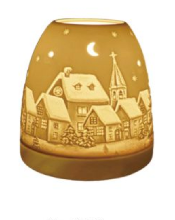 Decorative ceramic lamp featuring a winter village scene in warm yellow color, ideal for home ambiance.