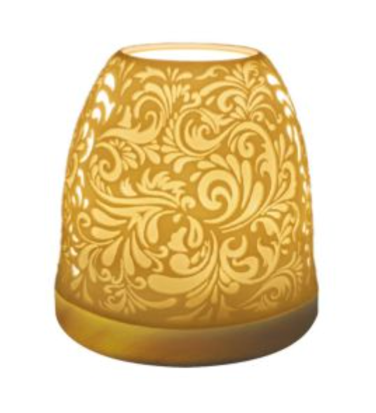 Decorative yellow lantern with intricate floral cut-out patterns, perfect for home ambiance.