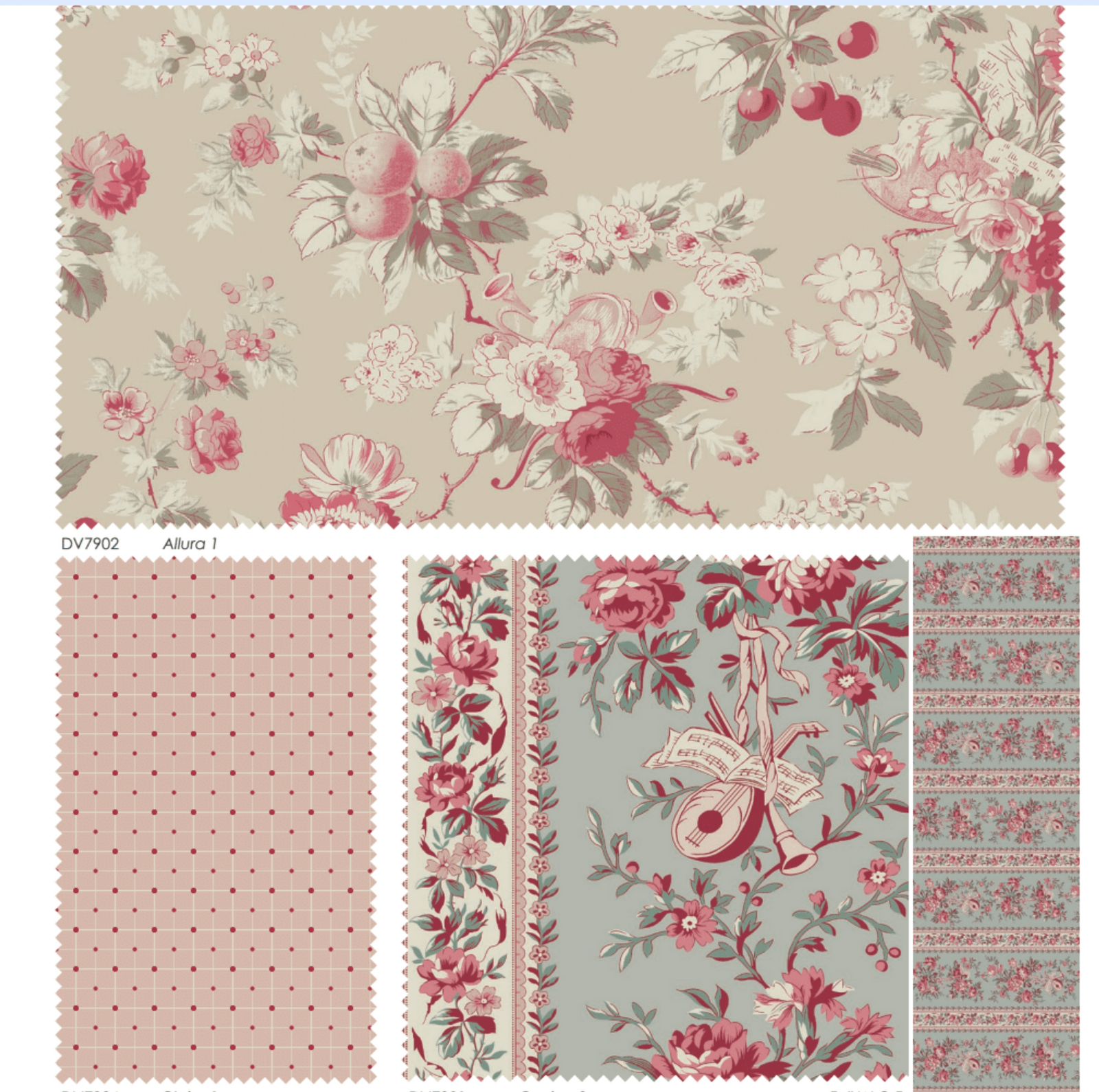 Floral fabric swatches in pink and beige, featuring intricate designs and patterns, ideal for upholstery or crafts.