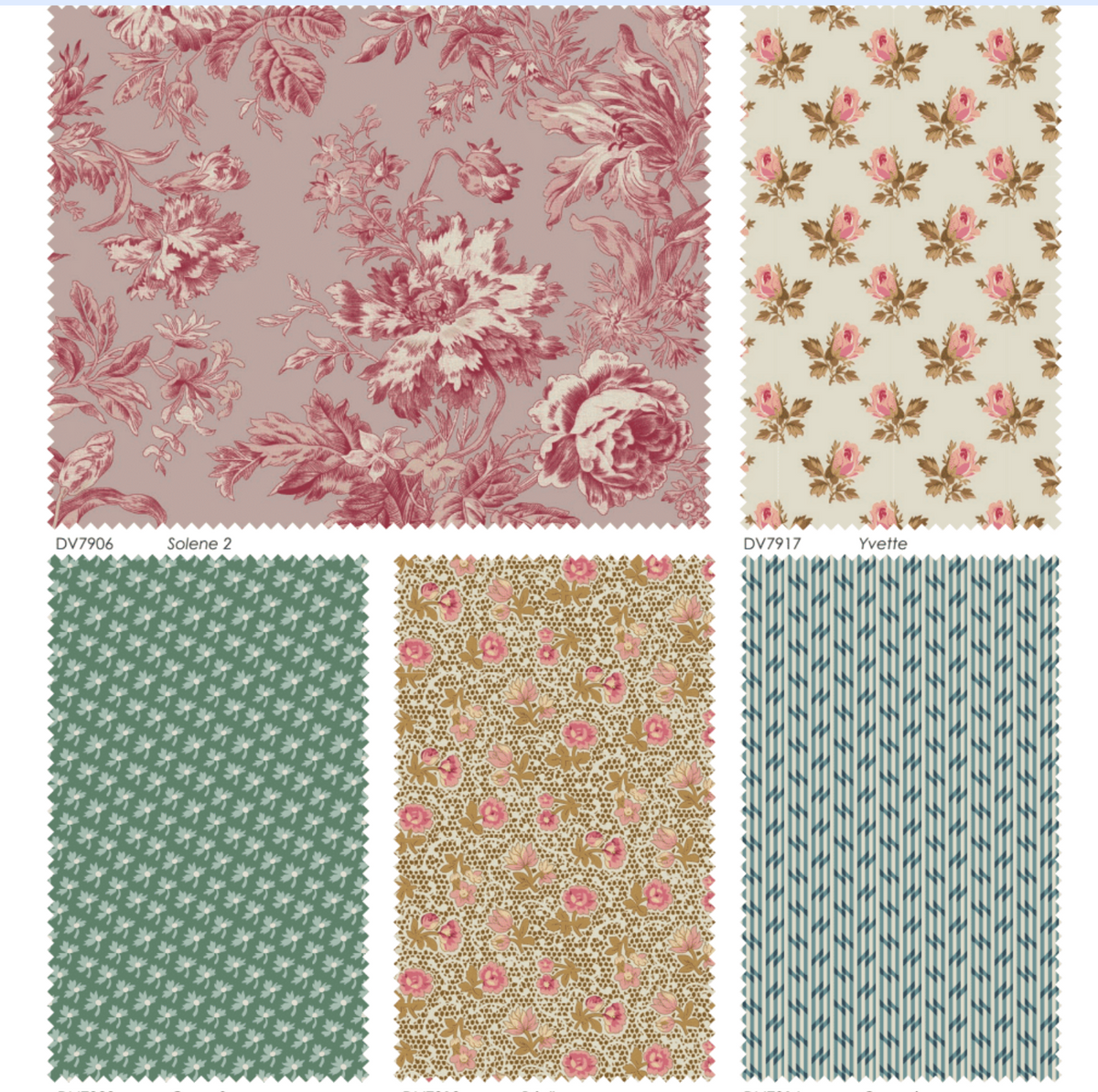 Five fabric swatches featuring floral designs in pink, green, and cream, ideal for home decor projects.