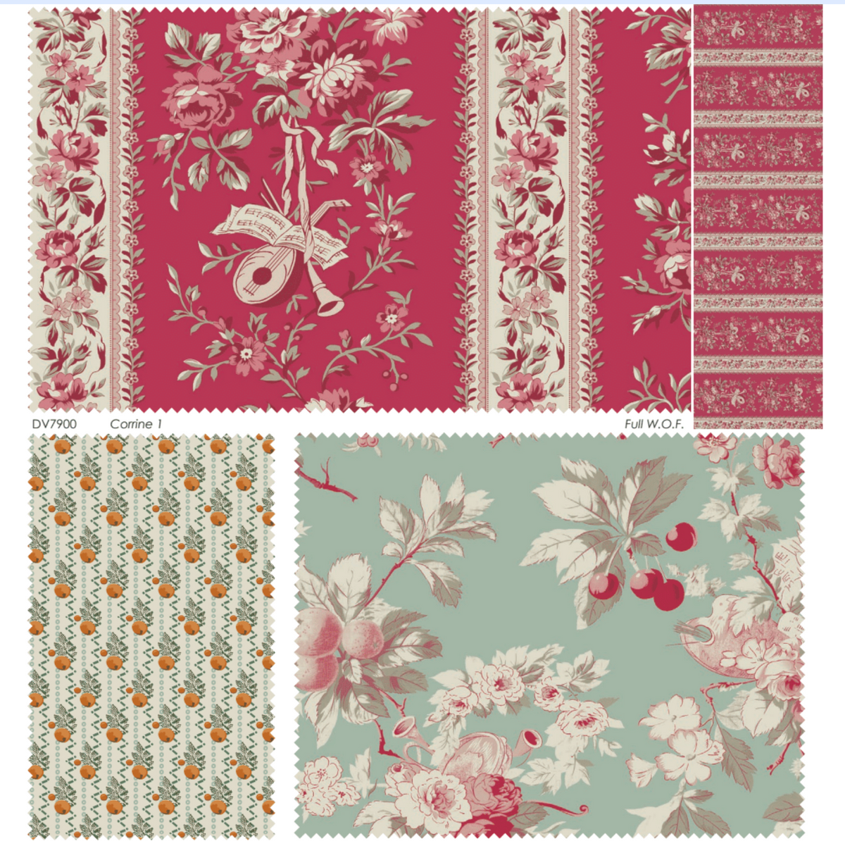 Vintage floral quilt fabric collection in burgundy and teal, featuring intricate designs and high-quality material.