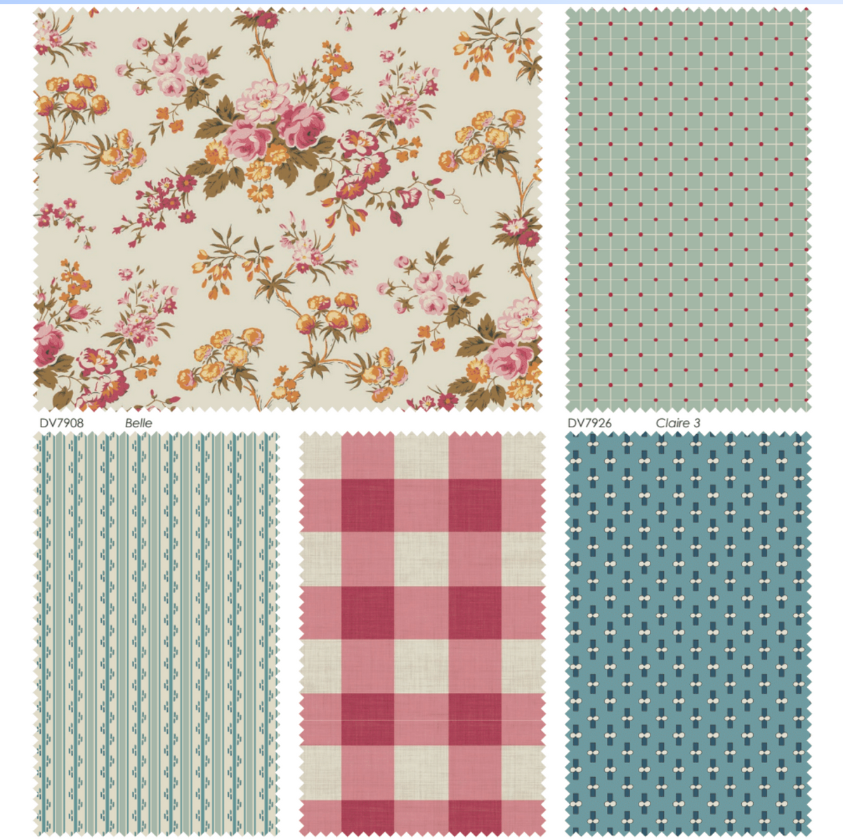 Collection of five fabric swatches, featuring floral, striped, and plaid patterns in various colors and styles.