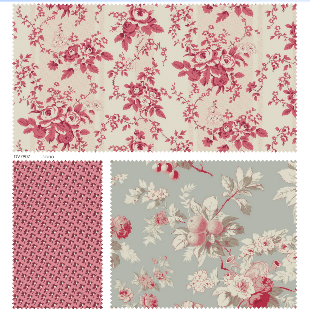 Three fabric swatches with floral patterns in pink and cream, textured maroon, and grey floral design.