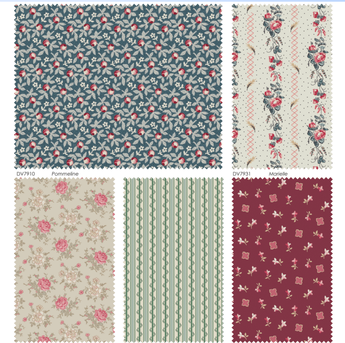 Five vintage fabric swatches with floral designs in blue, pink, green, and burgundy colors.