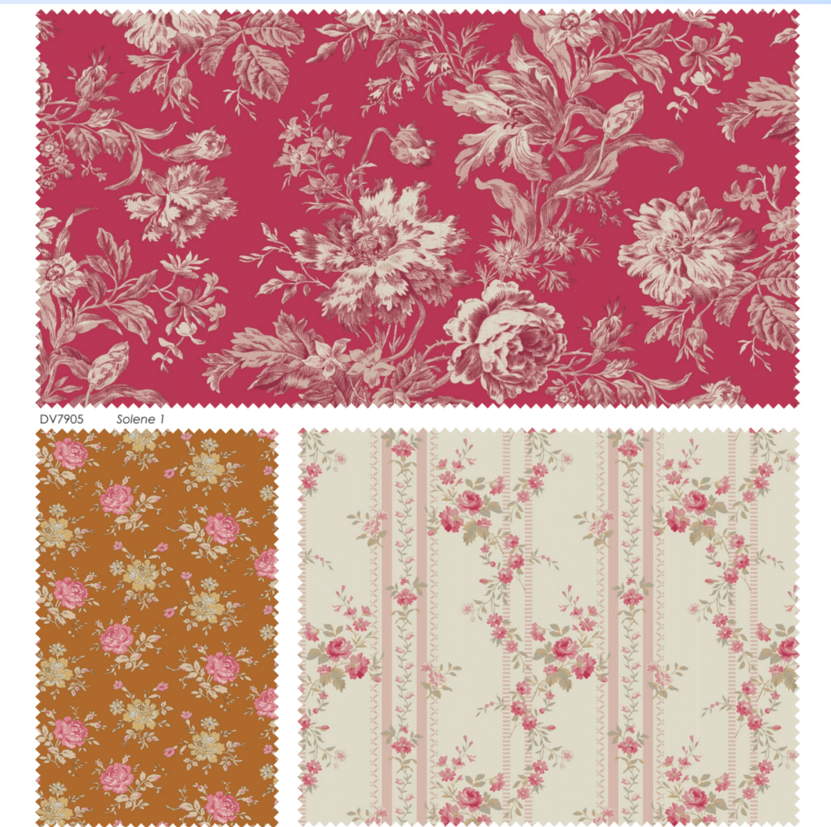 Three floral fabric swatches: burgundy, mustard, and cream with intricate rose patterns. Ideal for upholstery.